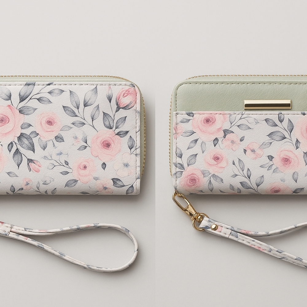 🌸 NEW Floral Zip-Around Wristlet Wallet – Pink Rose Print, Multi-Card Organizer
